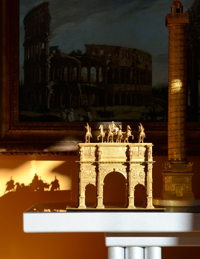 Piraneseum's Gilded Arch of Constantine before Viviano Codazzi's 17th century painting - View of the Colosseum and Arch of Constantine.